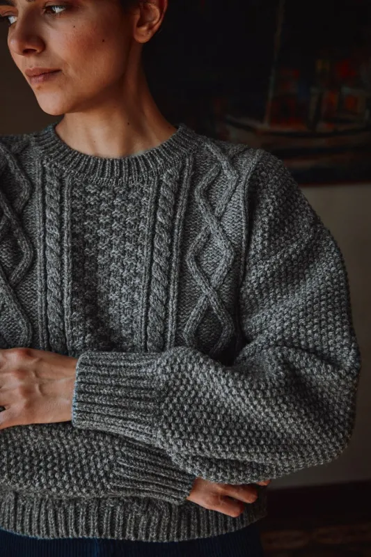 PAOLA Irish Cable Sweater in Merino Wool - Ash Grey sold by L’ENVERS