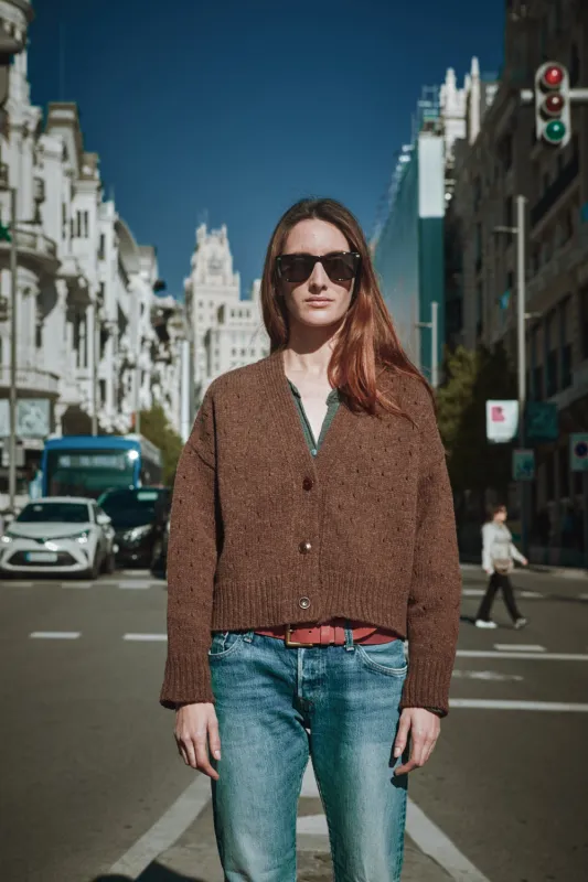 KATRINA Open Weave Cardigan in Merino Wool - Chocolate made by L’ENVERS