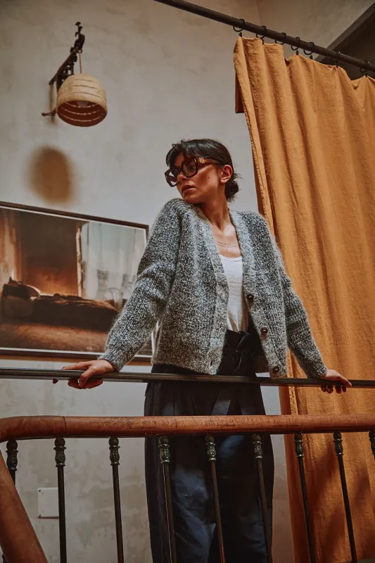 ANNA V-Neck Cardigan in Merino-Mohair Wool - Mottled Blue sold by L’ENVERS