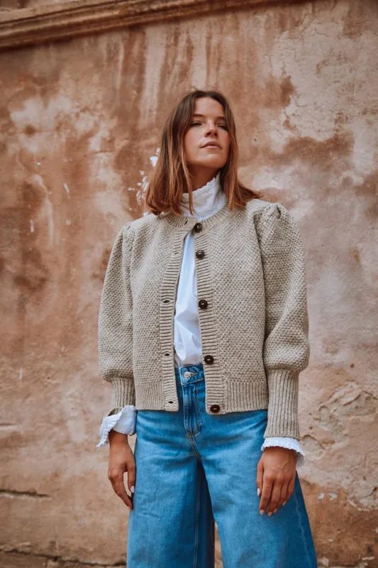 ANAIS Puff Sleeve Cardigan in Merino Wool - Beige sold by L’ENVERS