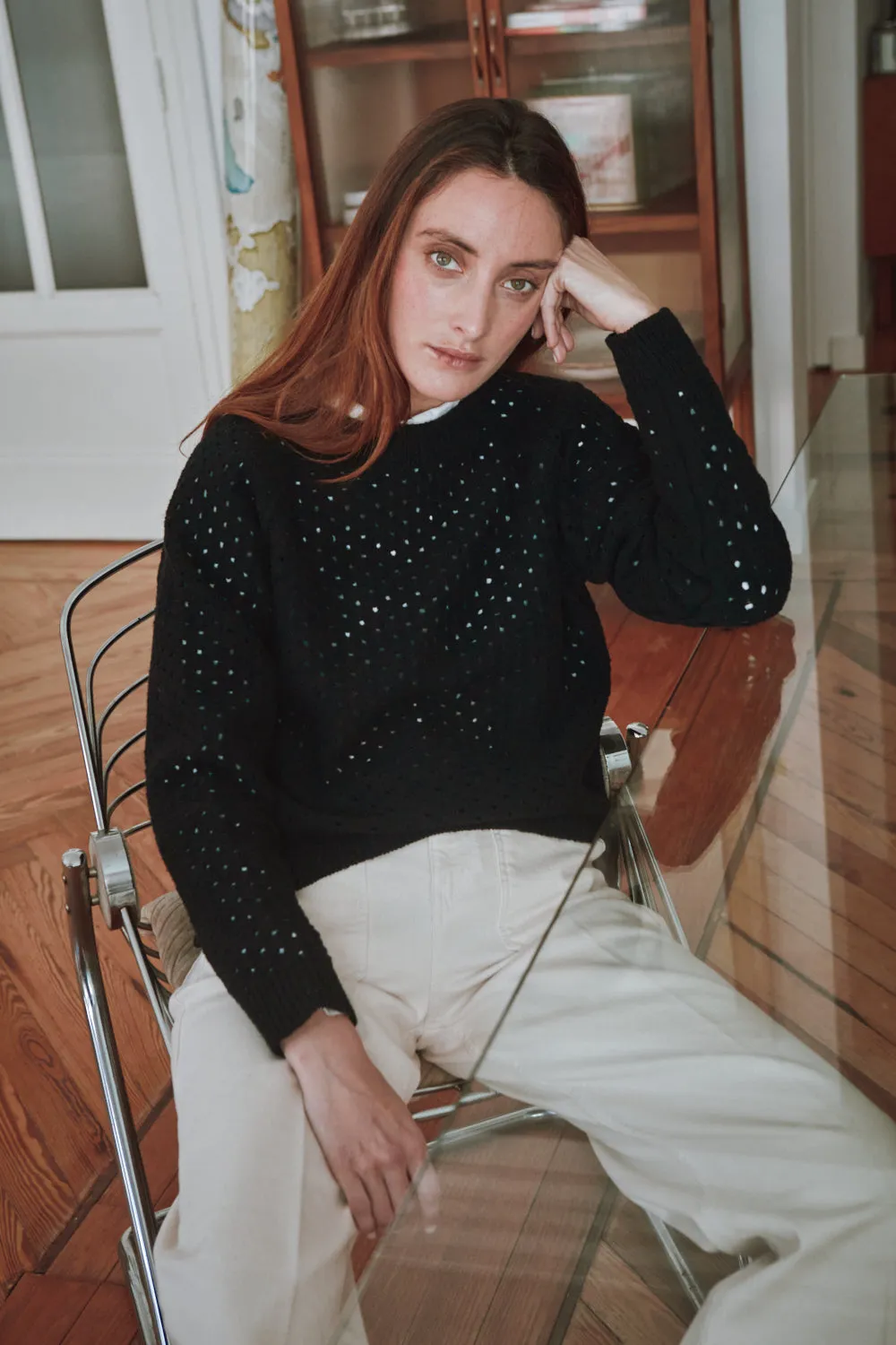 FLORENCE Open-Weave Sweater in Merino Wool - Black sold by L’ENVERS