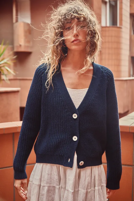 ANNA V-Neck Cardigan in Organic Cotton - Navy sold by L’ENVERS