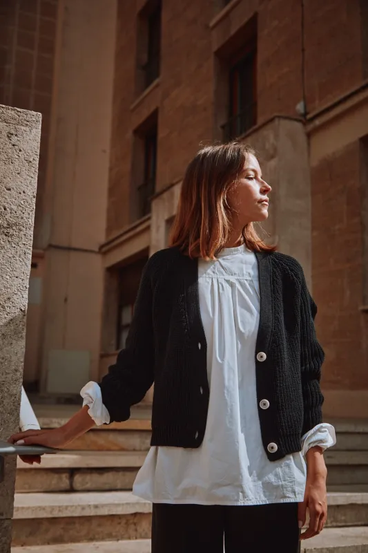 ANNA V-Neck Cardigan in Organic Cotton - Black sold by L’ENVERS