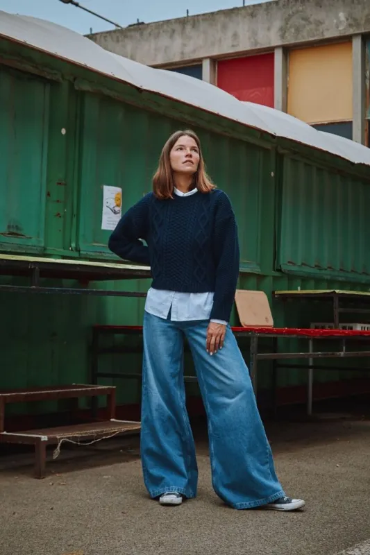 PAOLA Irish Cable Sweater in Merino Wool - Navy sold by L’ENVERS