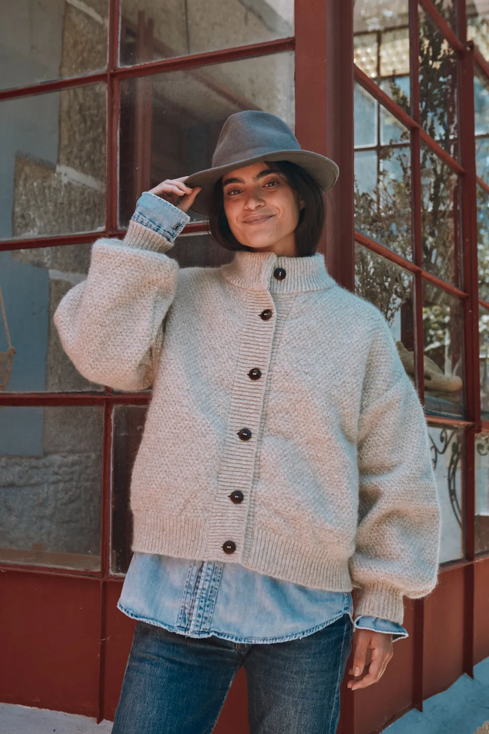 GEORGE High-Neck Cardigan Jacket in Merino-Mohair Wool - Beige sold by L’ENVERS