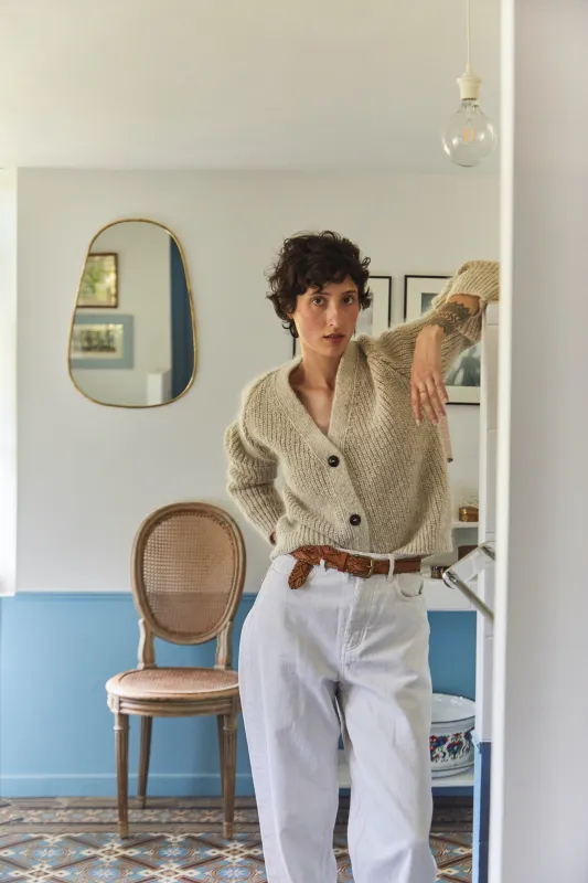 ANNA V-Neck Cardigan in Merino-Mohair Wool - Beige sold by L’ENVERS