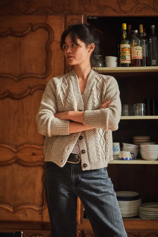 ANNIE V-Neck Cable Cardigan in Merino Wool - Beige sold by L’ENVERS