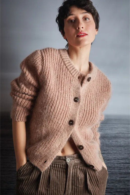 CHARLOTTE Round-Neck Cardigan in Merino-Mohair Wool - Light Pink sold by L’ENVERS