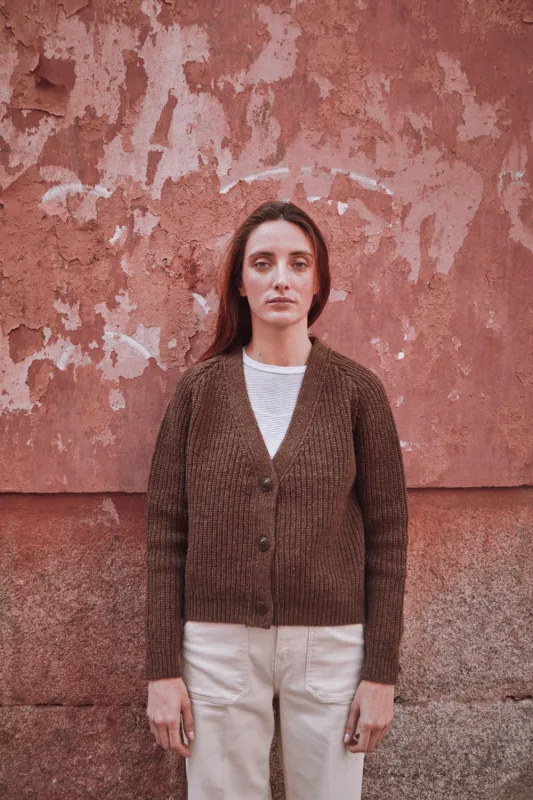 ANNA V-Neck Cardigan in Merino Wool - Chocolate (In Stock) made by L’ENVERS