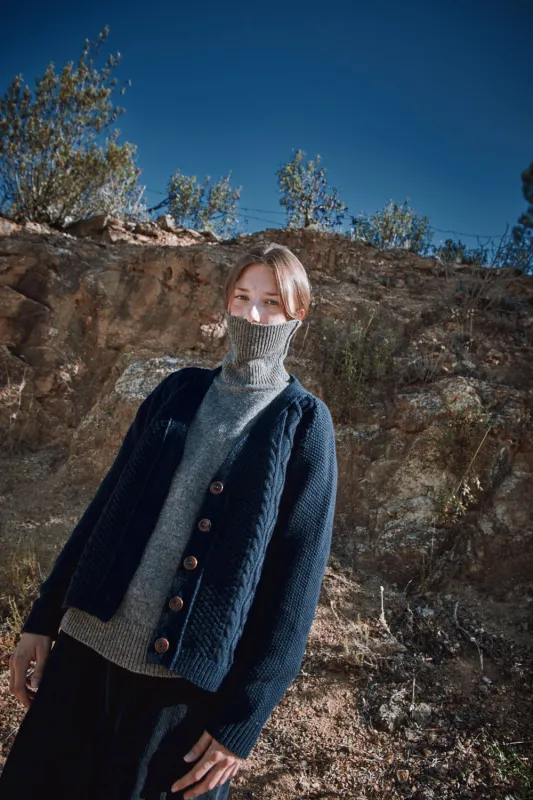 ANNIE V-Neck Cable Cardigan in Merino Wool - Navy (In Stock) sold by L’ENVERS