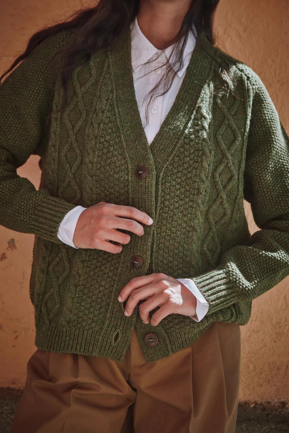 ANNIE V-Neck Cable Cardigan in Merino Wool - Olive Green (In Stock) sold by L’ENVERS product image thumbnail 2