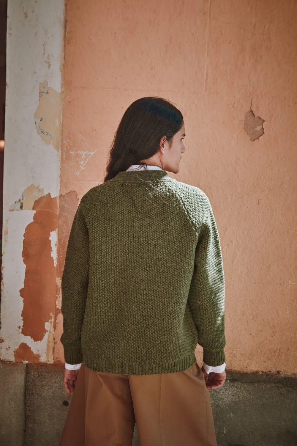 ANNIE V-Neck Cable Cardigan in Merino Wool - Olive Green (In Stock) sold by L’ENVERS product image thumbnail 4