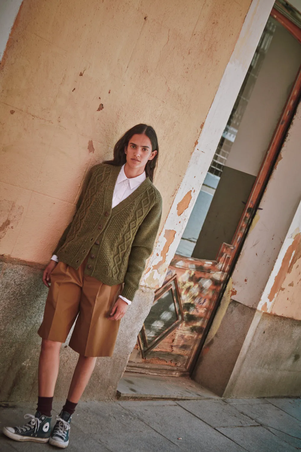 ANNIE V-Neck Cable Cardigan in Merino Wool - Olive Green (In Stock) sold by L’ENVERS product image thumbnail 5
