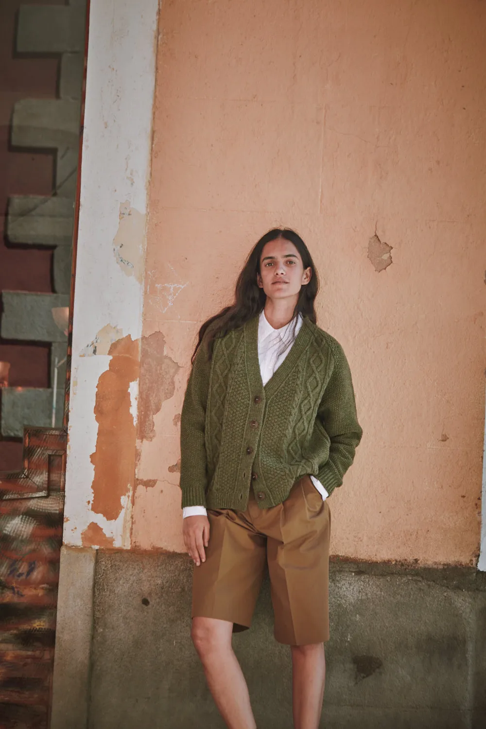 ANNIE V-Neck Cable Cardigan in Merino Wool - Olive Green (In Stock) sold by L’ENVERS product image thumbnail 3