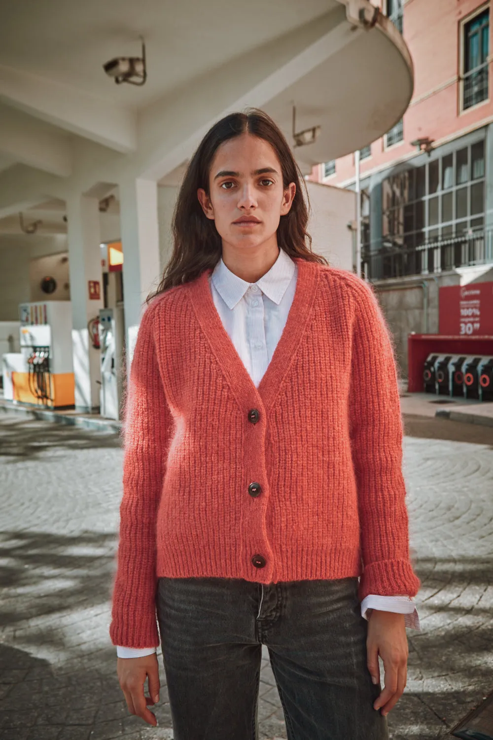 ANNA V-Neck Cardigan in Merino-Mohair Wool - Coral (In Stock) sold by L’ENVERS