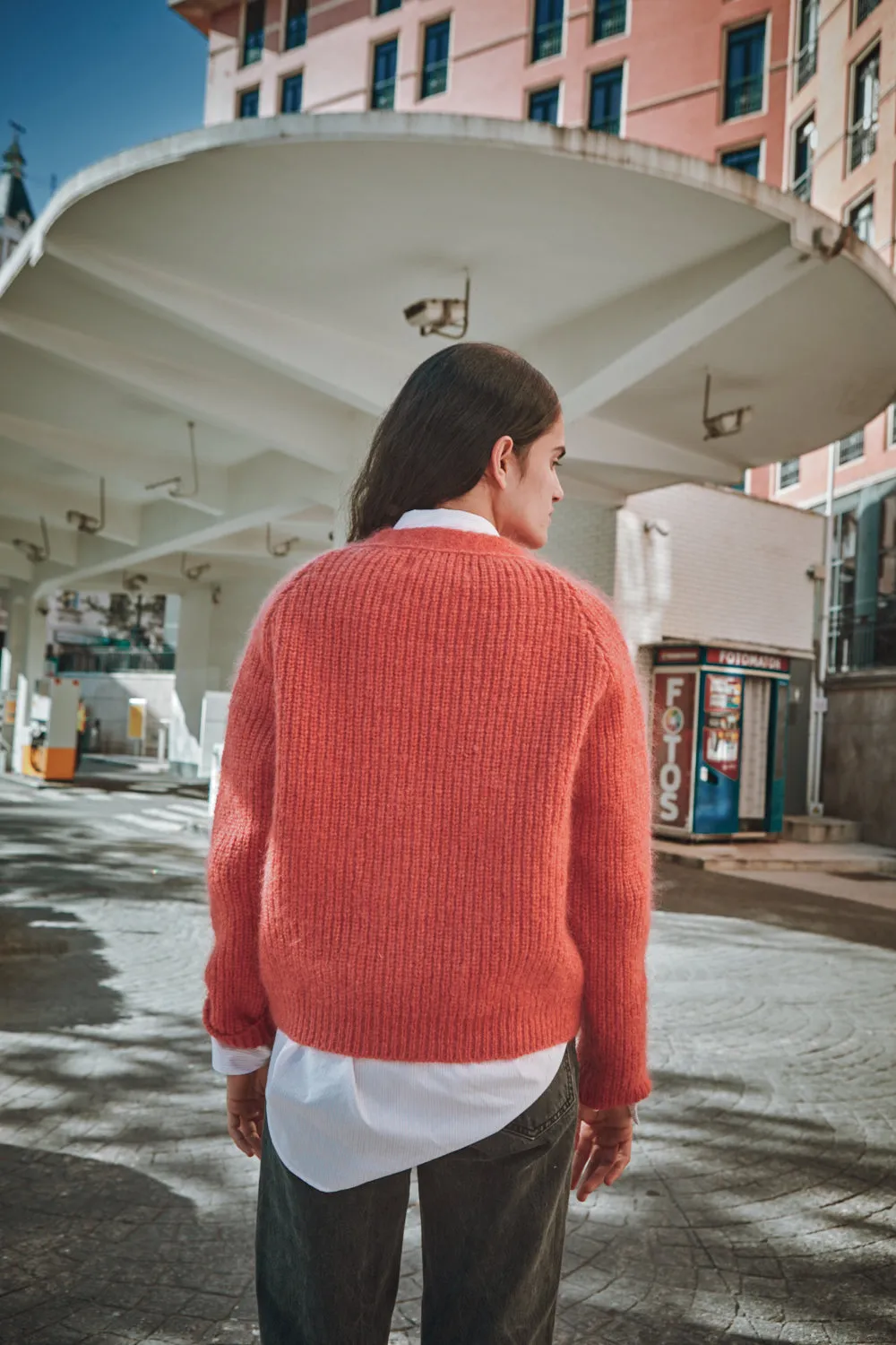ANNA V-Neck Cardigan in Merino-Mohair Wool - Coral (In Stock) sold by L’ENVERS product image thumbnail 3