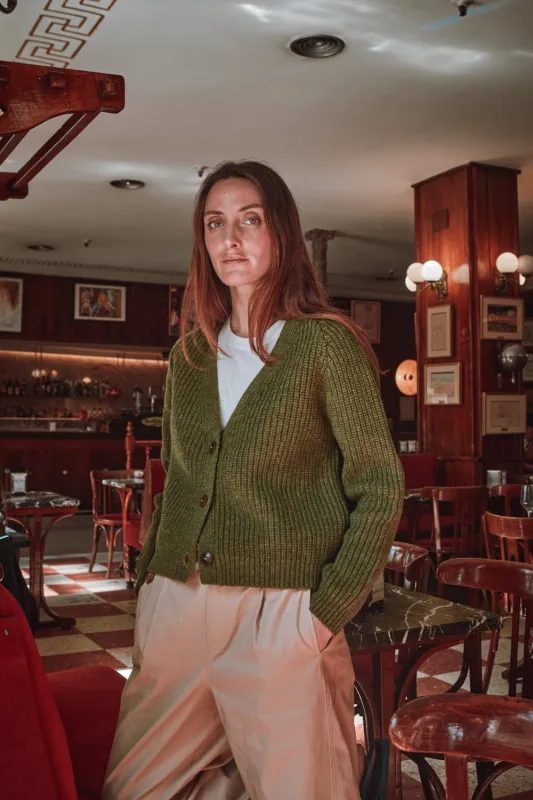 ANNA V-Neck Cardigan in Merino Wool - Olive Green (In Stock) sold by L’ENVERS