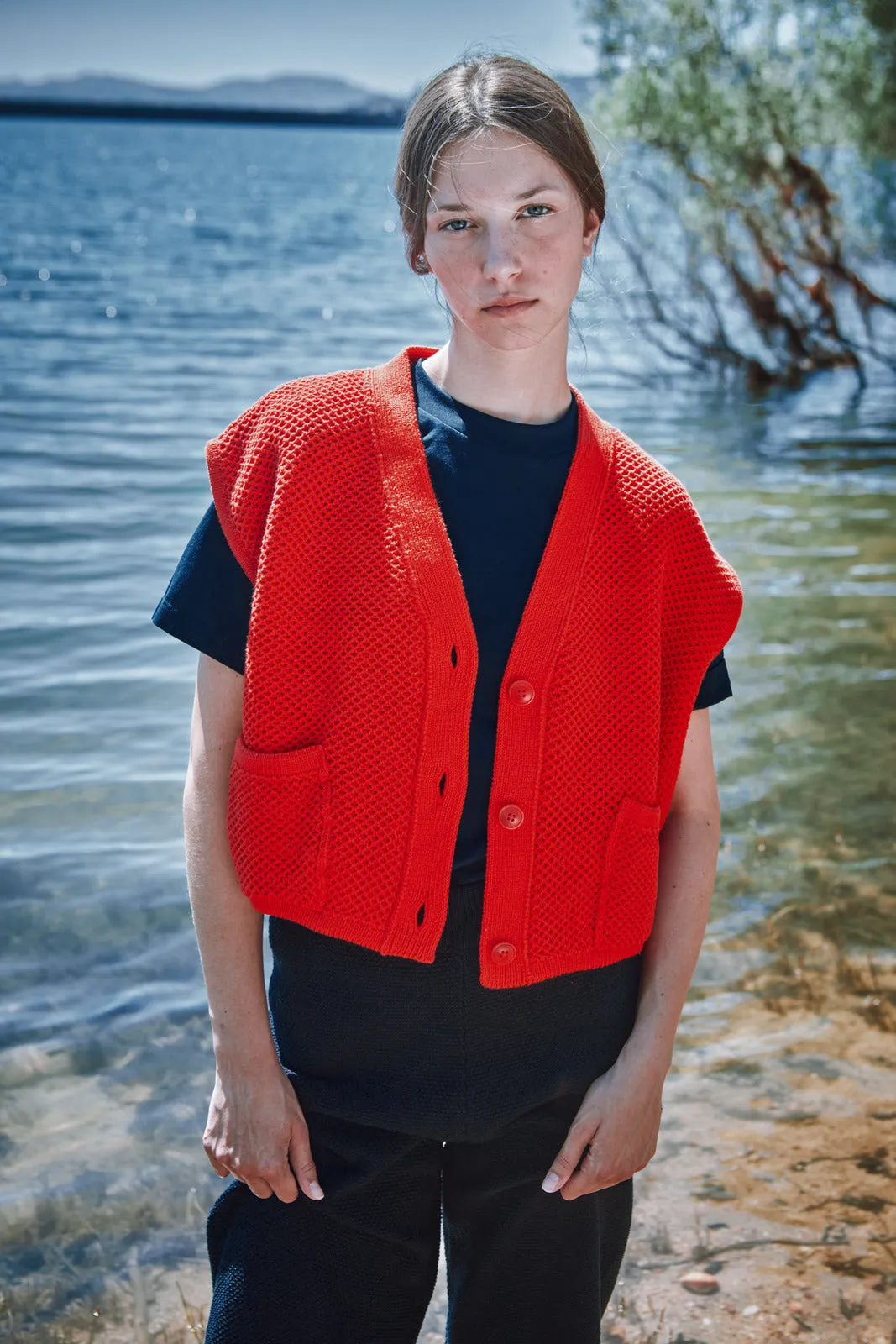 ELEONORE Sleeveless V-Neck Cardigan in Organic Cotton - Red sold by L’ENVERS product image thumbnail 2