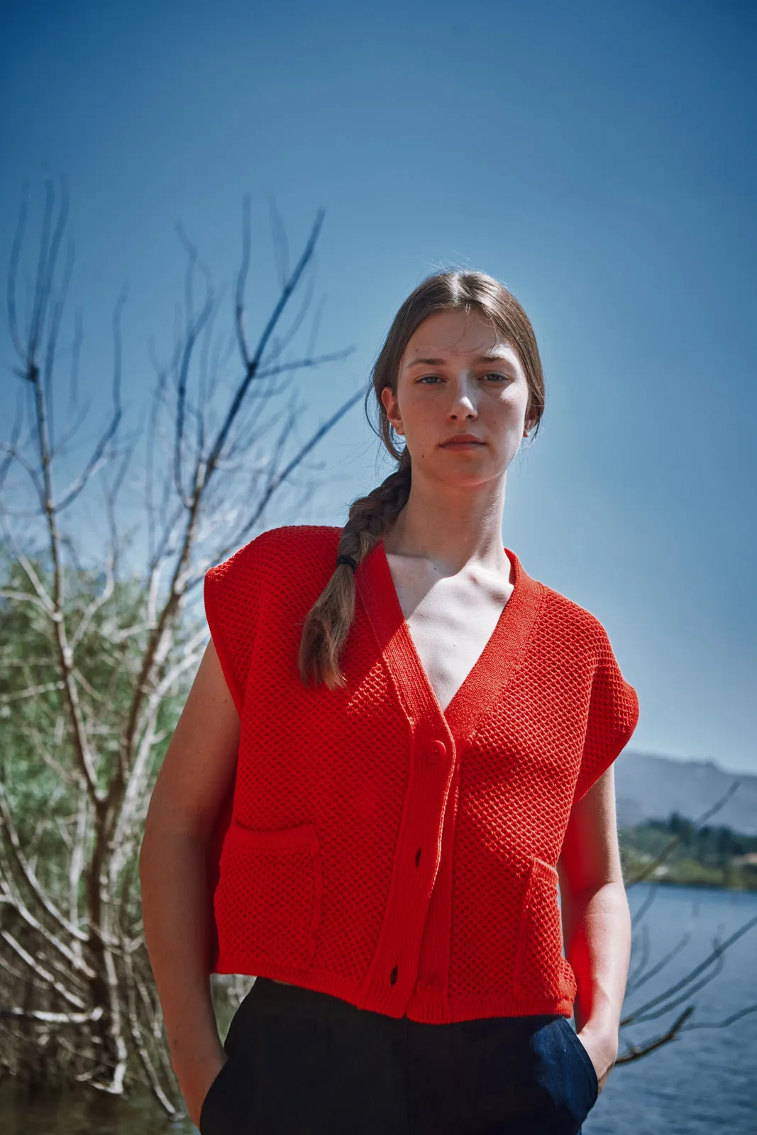 ELEONORE Sleeveless V-Neck Cardigan in Organic Cotton - Red sold by L’ENVERS product image thumbnail 5