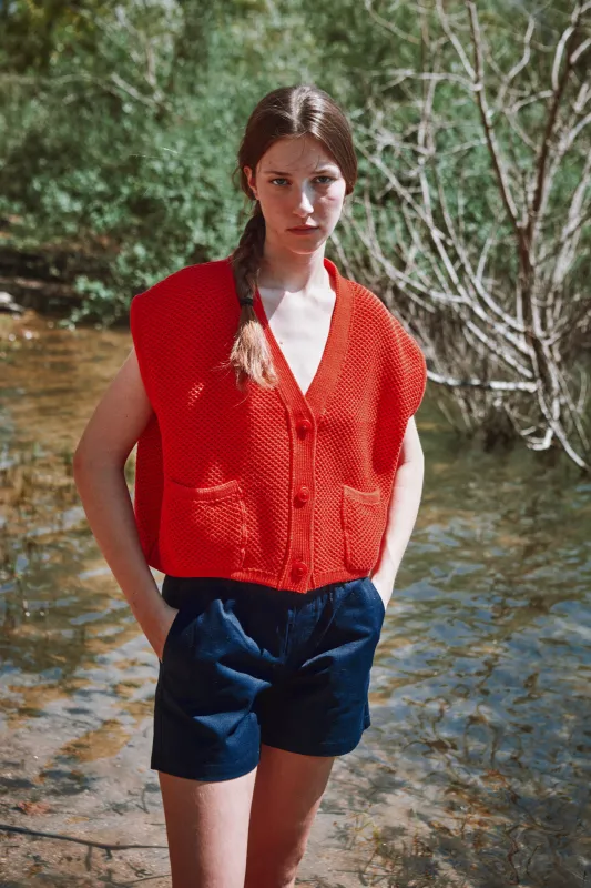 ELEONORE Sleeveless V-Neck Cardigan in Organic Cotton - Red made by L’ENVERS