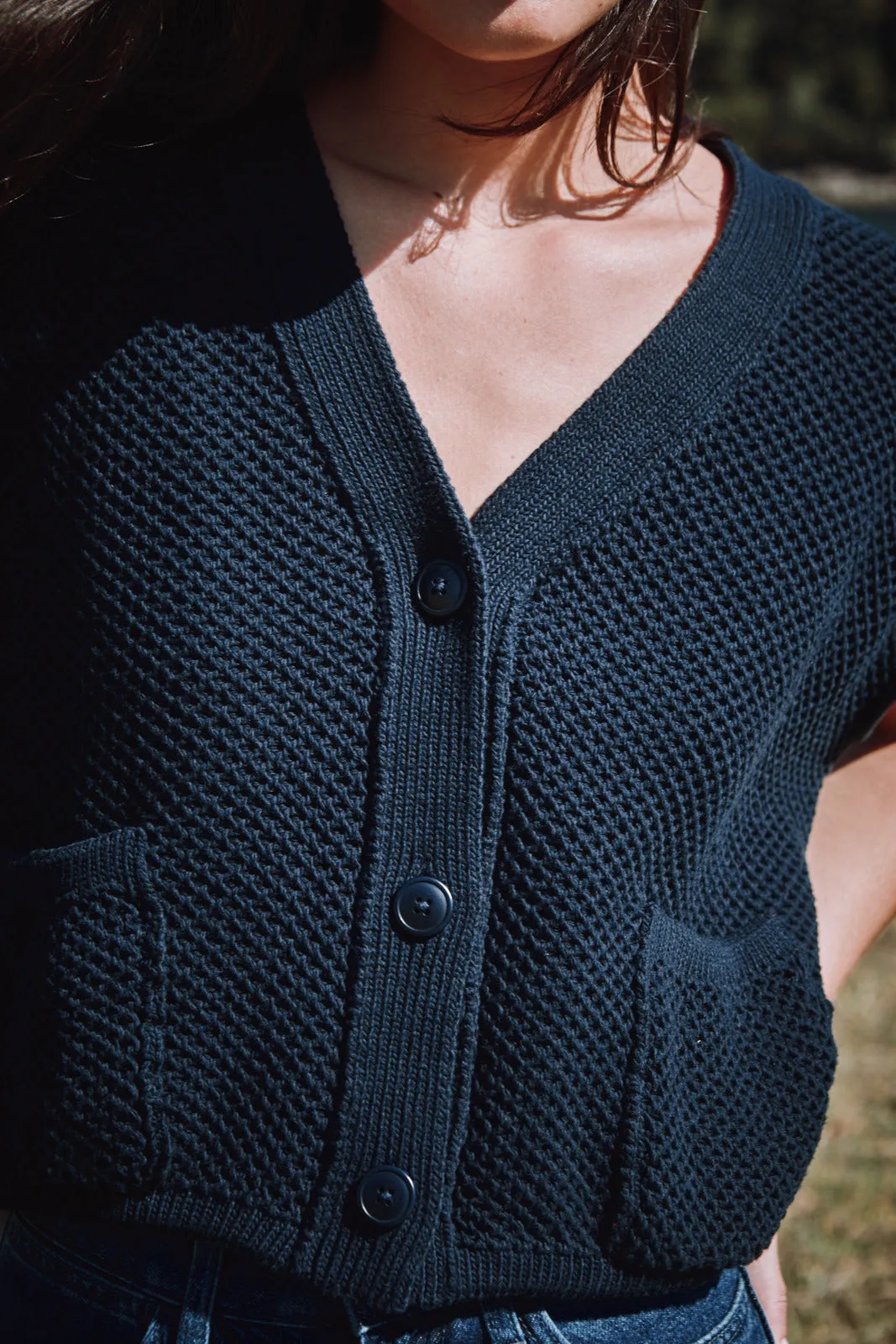 ELEONORE Sleeveless V-Neck Cardigan in Organic Cotton - Navy Blue sold by L’ENVERS product image thumbnail 3