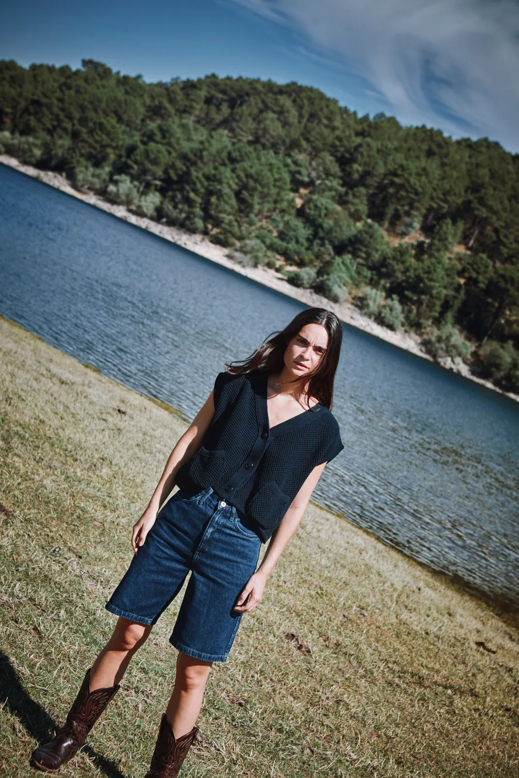 ELEONORE Sleeveless V-Neck Cardigan in Organic Cotton - Navy Blue sold by L’ENVERS product image thumbnail 5