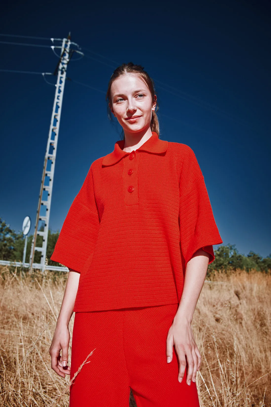 LILI Oversize Polo Shirt in Organic Cotton - Red sold by L’ENVERS