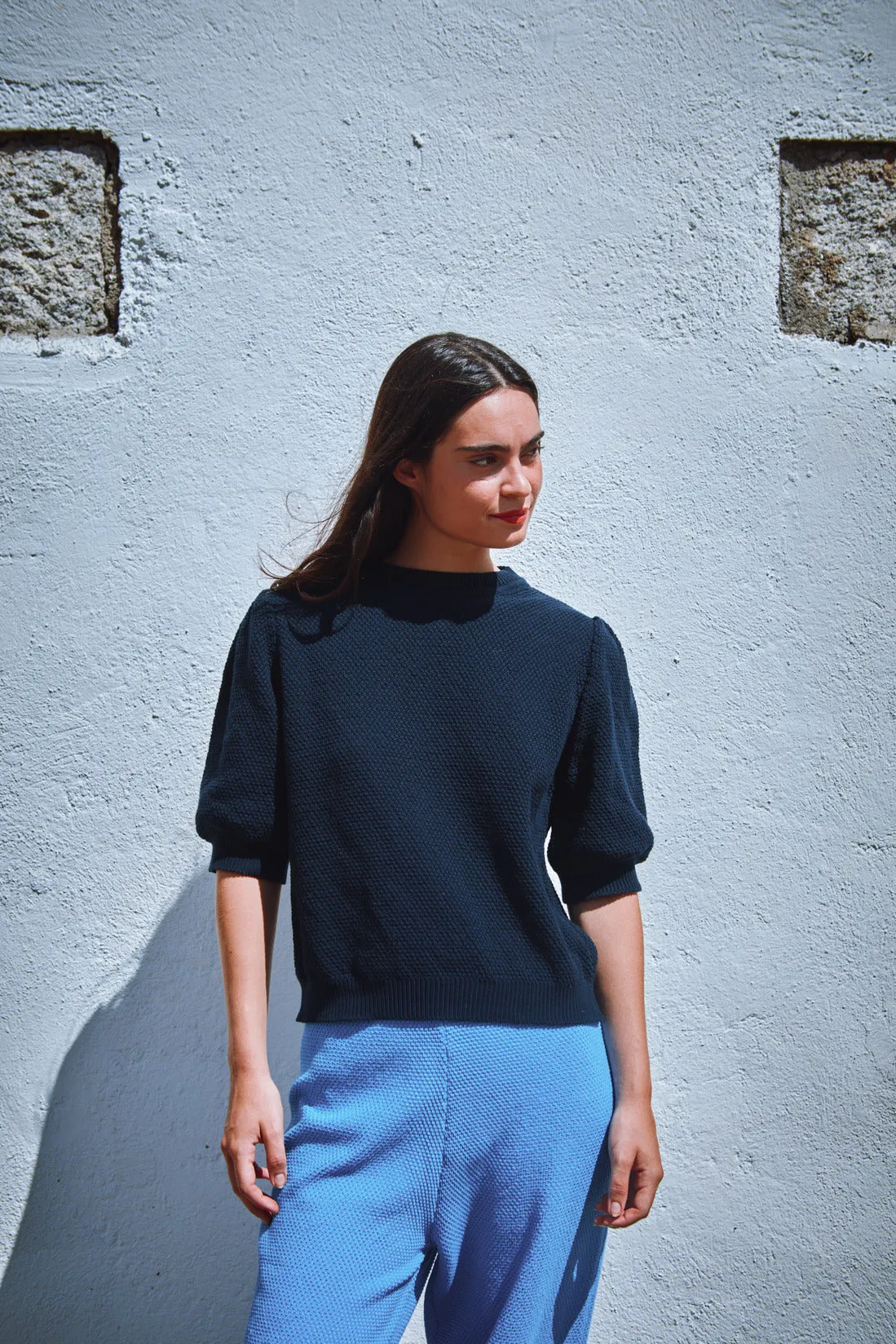ELISABETH Puff-Sleeve Tee in Organic Cotton - Navy sold by L’ENVERS product image thumbnail 2