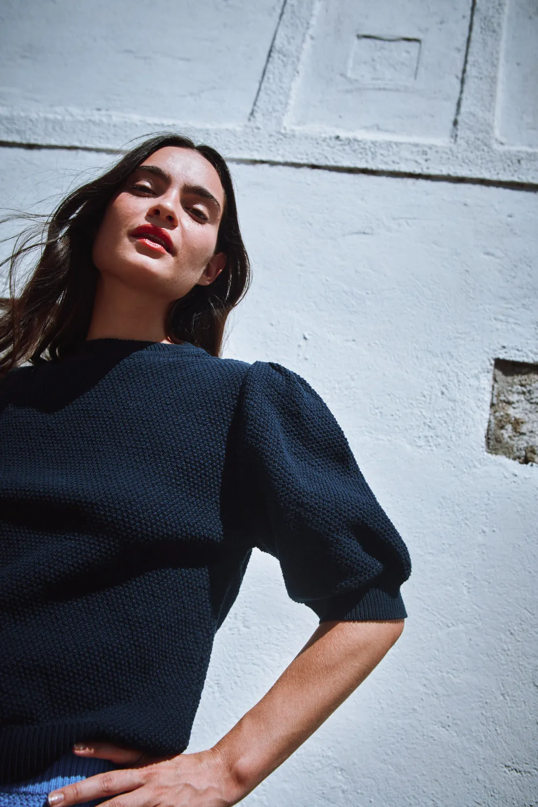 ELISABETH Puff-Sleeve Tee in Organic Cotton - Navy sold by L’ENVERS