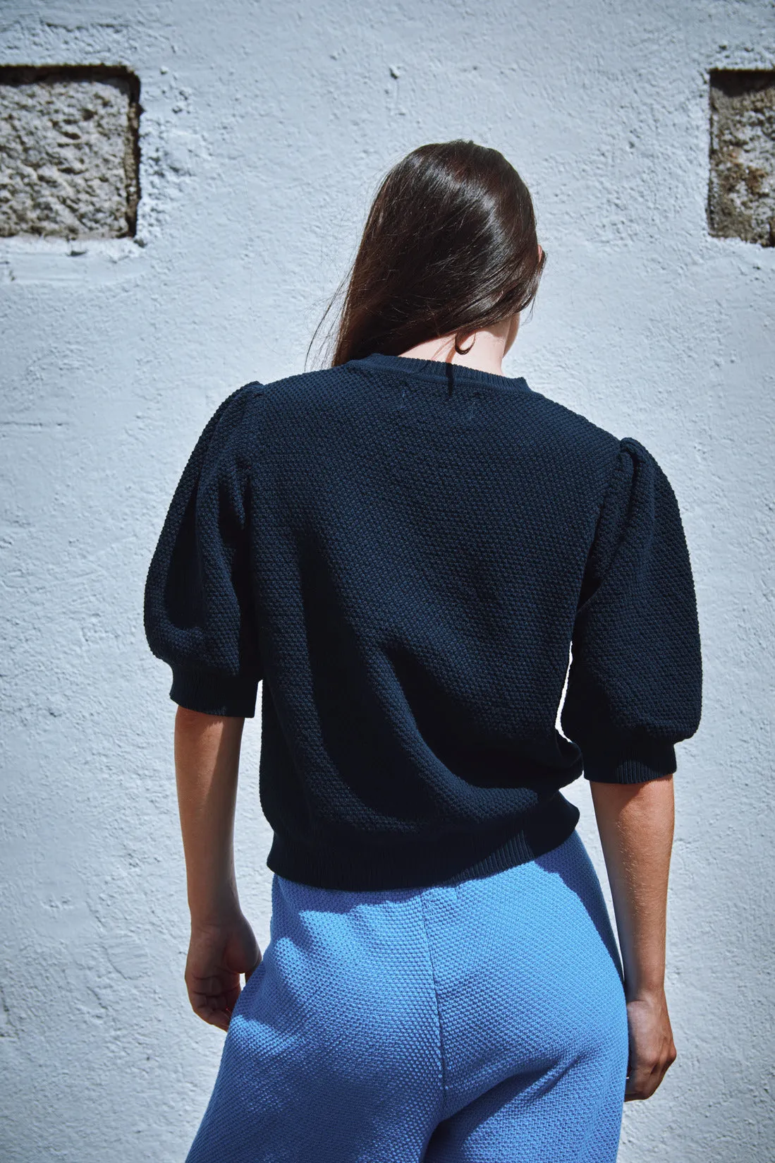 ELISABETH Puff-Sleeve Tee in Organic Cotton - Navy sold by L’ENVERS product image thumbnail 3
