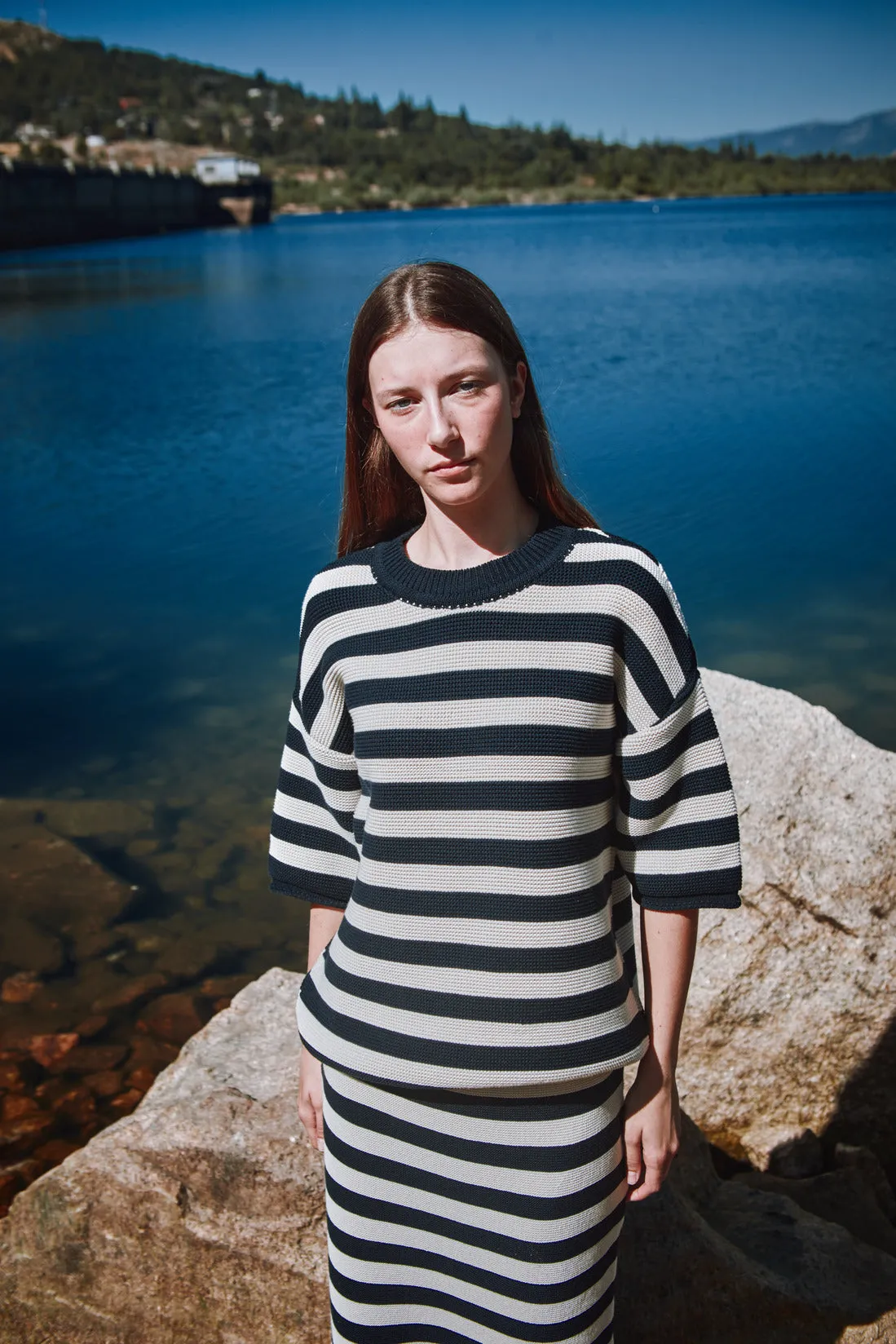 GERALDINE Oversize Tee in Organic Cotton - Navy Blue and Off-White Stripes sold by L’ENVERS