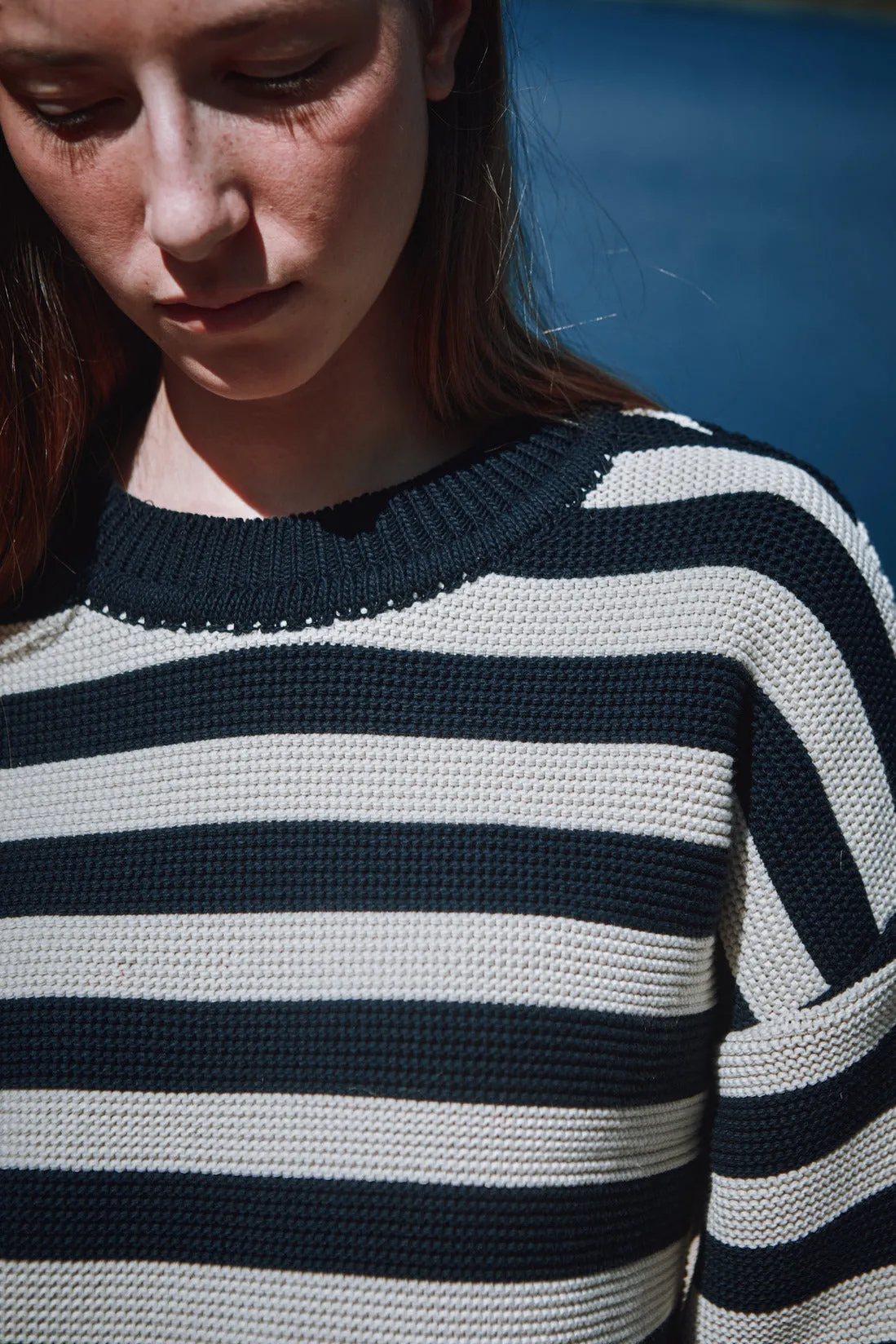 GERALDINE Oversize Tee in Organic Cotton - Navy Blue and Off-White Stripes sold by L’ENVERS product image thumbnail 3