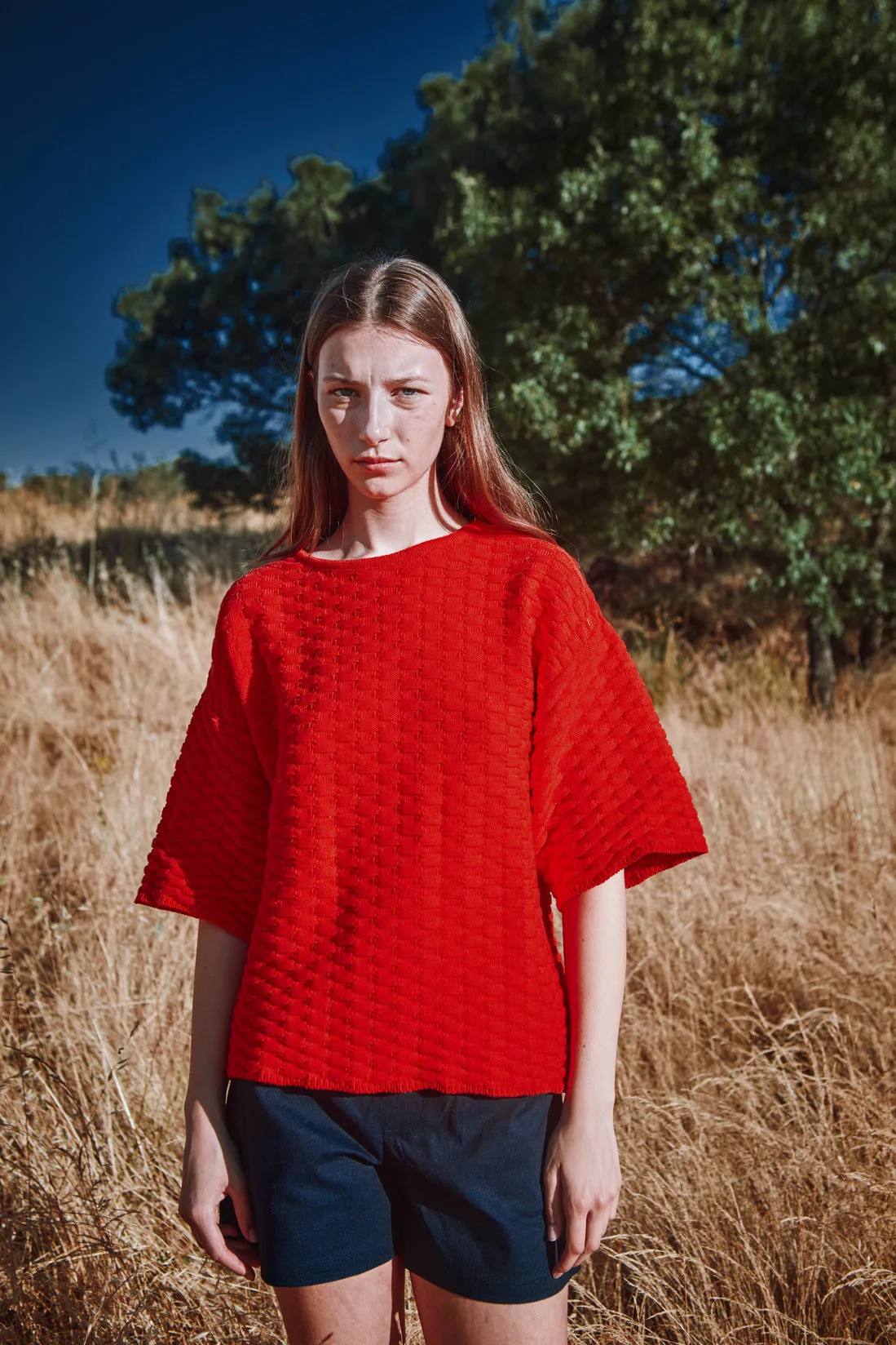 SIDONIE Basketweave-Knit Tee in Organic Cotton - Red sold by L’ENVERS