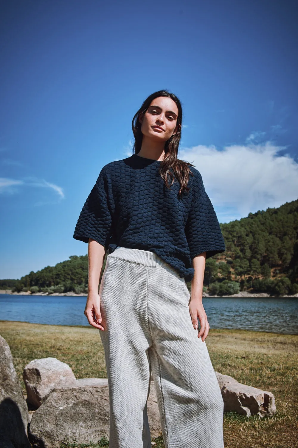 SIDONIE Basketweave-Knit Tee in Organic Cotton - Navy sold by L’ENVERS product image thumbnail 5