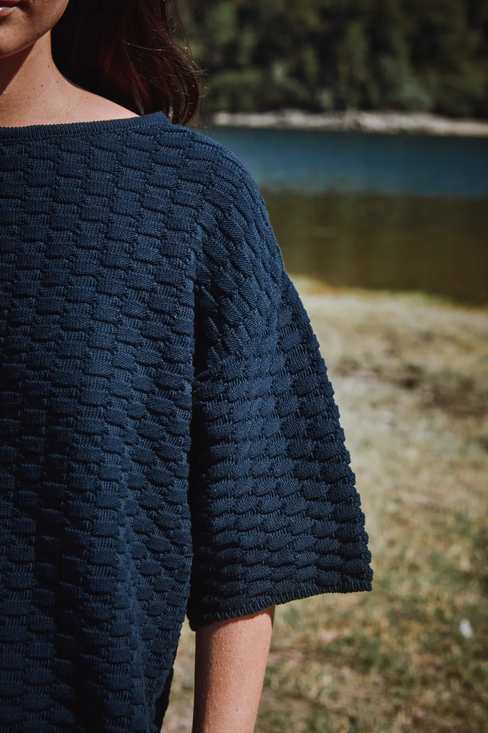 SIDONIE Basketweave-Knit Tee in Organic Cotton - Navy sold by L’ENVERS product image thumbnail 2