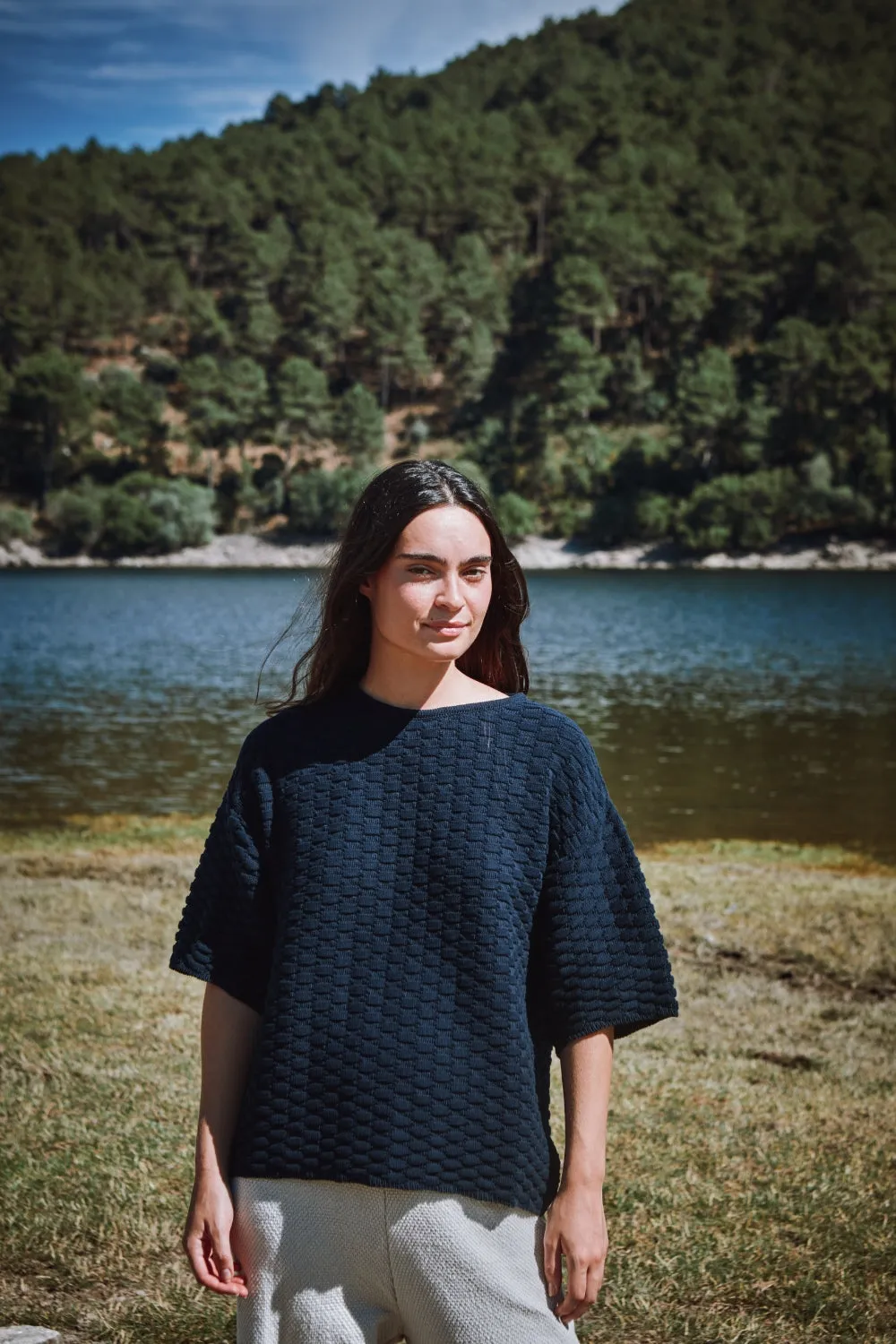 SIDONIE Basketweave-Knit Tee in Organic Cotton - Navy sold by L’ENVERS product image thumbnail 3