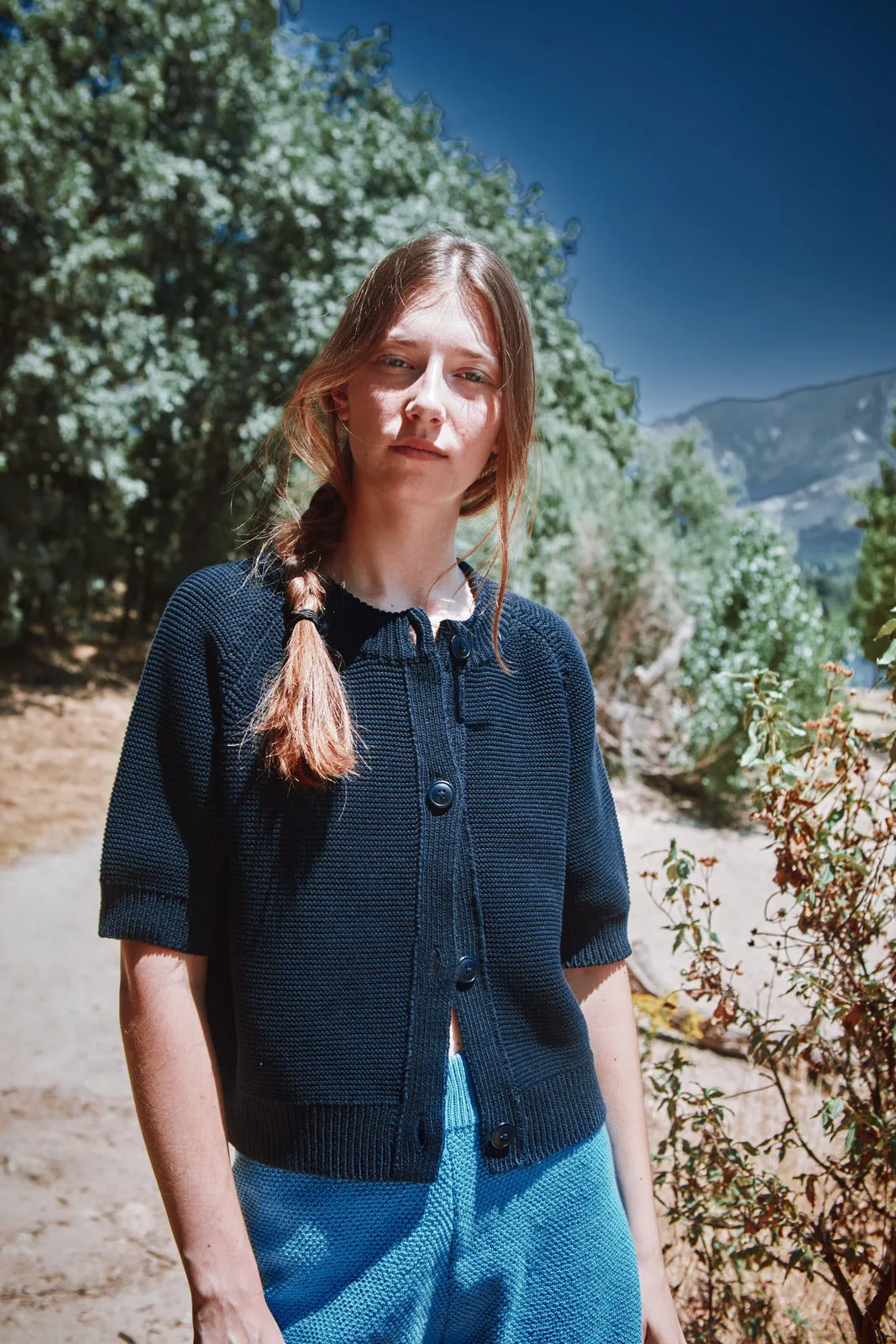 CLARISSE Short-Sleeve Cardigan in Organic Cotton - Navy Blue sold by L’ENVERS