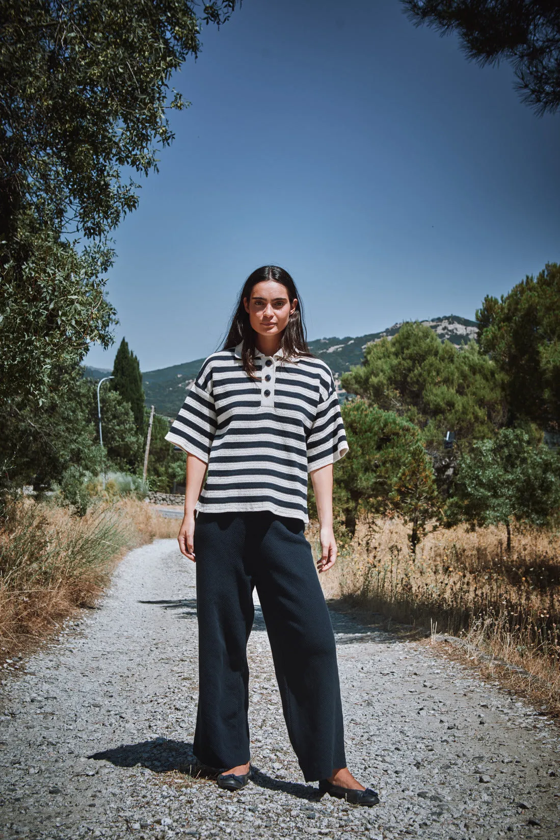 LILI Oversize Polo Shirt in Organic Cotton - Navy and Off-White Stripes sold by L’ENVERS product image thumbnail 3