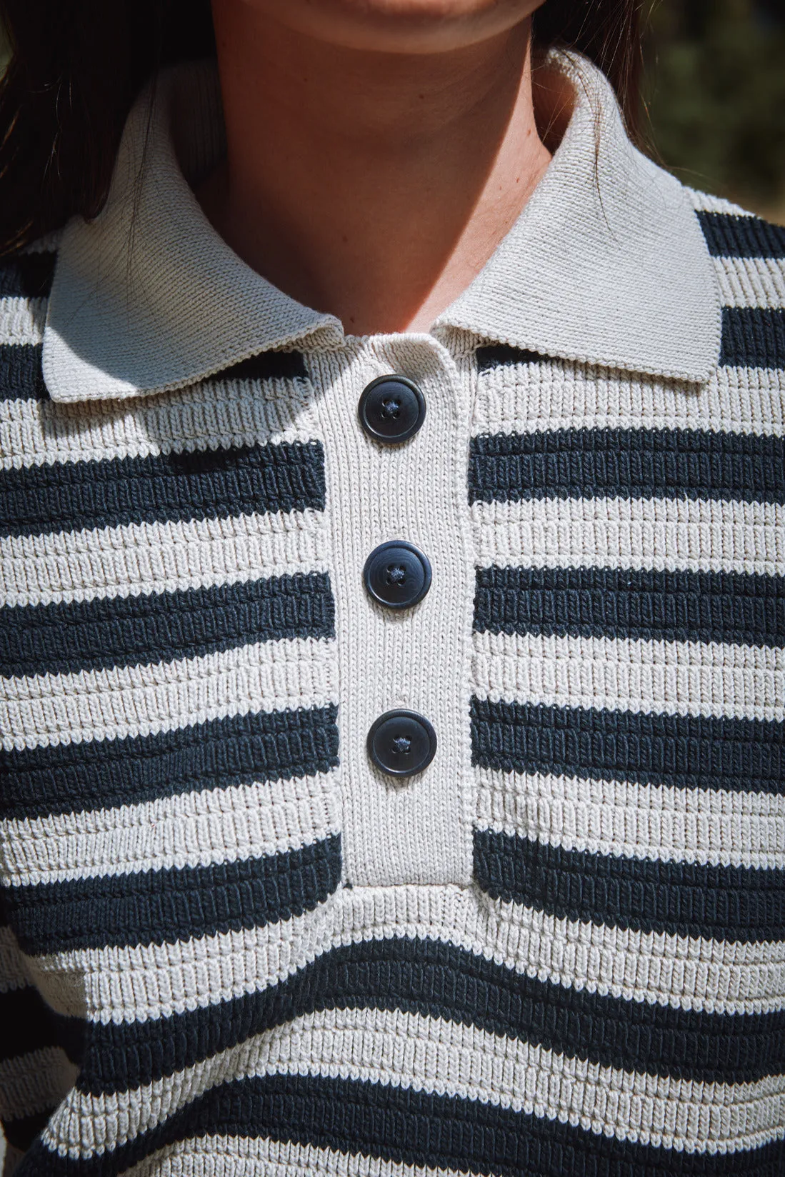 LILI Oversize Polo Shirt in Organic Cotton - Navy and Off-White Stripes sold by L’ENVERS product image thumbnail 2