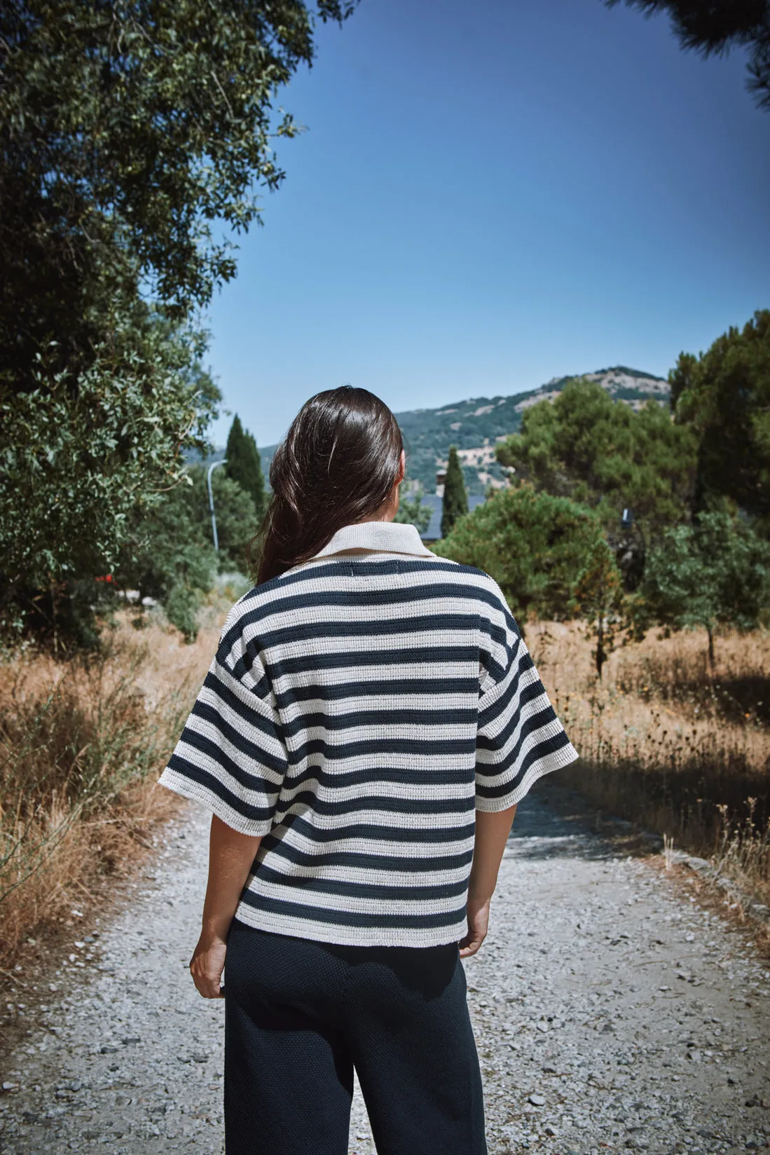 LILI Oversize Polo Shirt in Organic Cotton - Navy and Off-White Stripes sold by L’ENVERS product image thumbnail 5