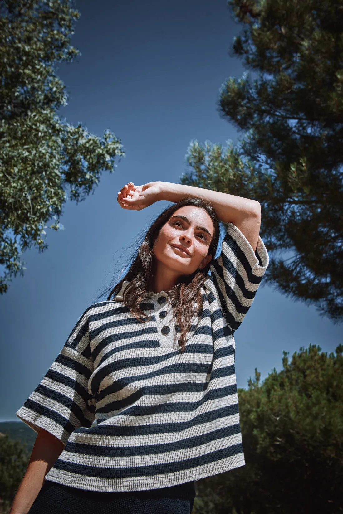 LILI Oversize Polo Shirt in Organic Cotton - Navy and Off-White Stripes sold by L’ENVERS product image thumbnail 4