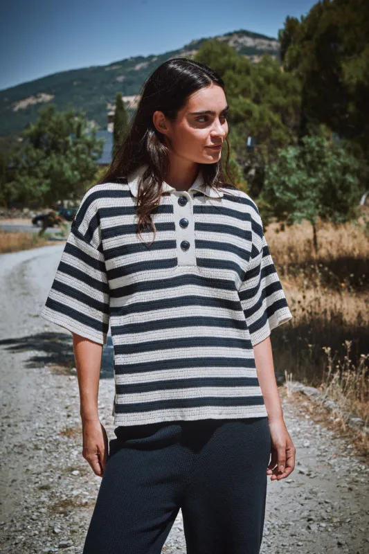 LILI Oversize Polo Shirt in Organic Cotton - Navy and Off-White Stripes made by L’ENVERS