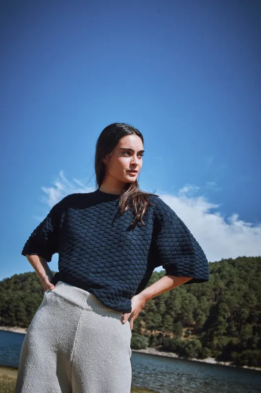 SIDONIE Basketweave-Knit Tee in Organic Cotton - Navy (In Stock) made by L’ENVERS