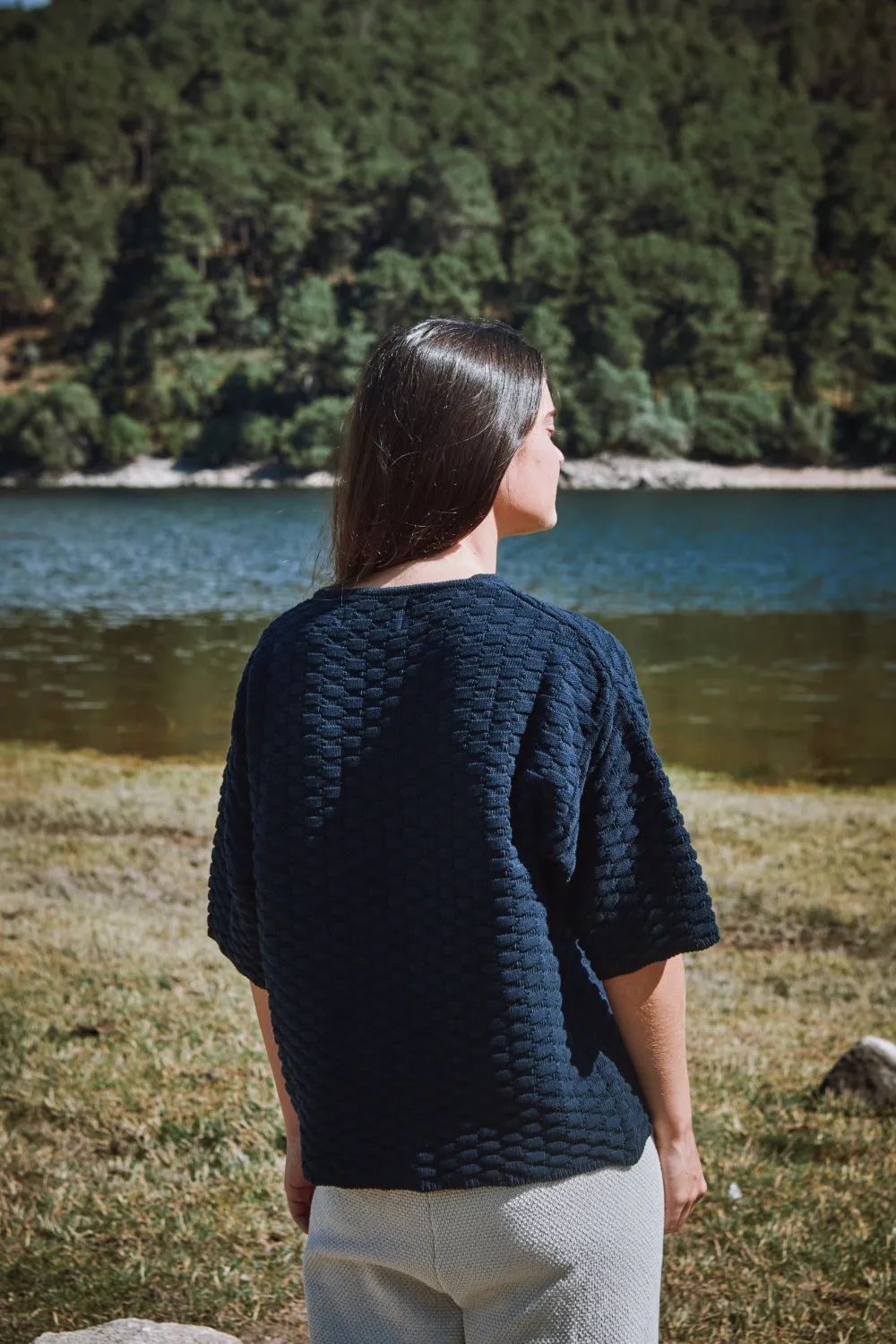 SIDONIE Basketweave-Knit Tee in Organic Cotton - Navy (In Stock) sold by L’ENVERS product image thumbnail 3