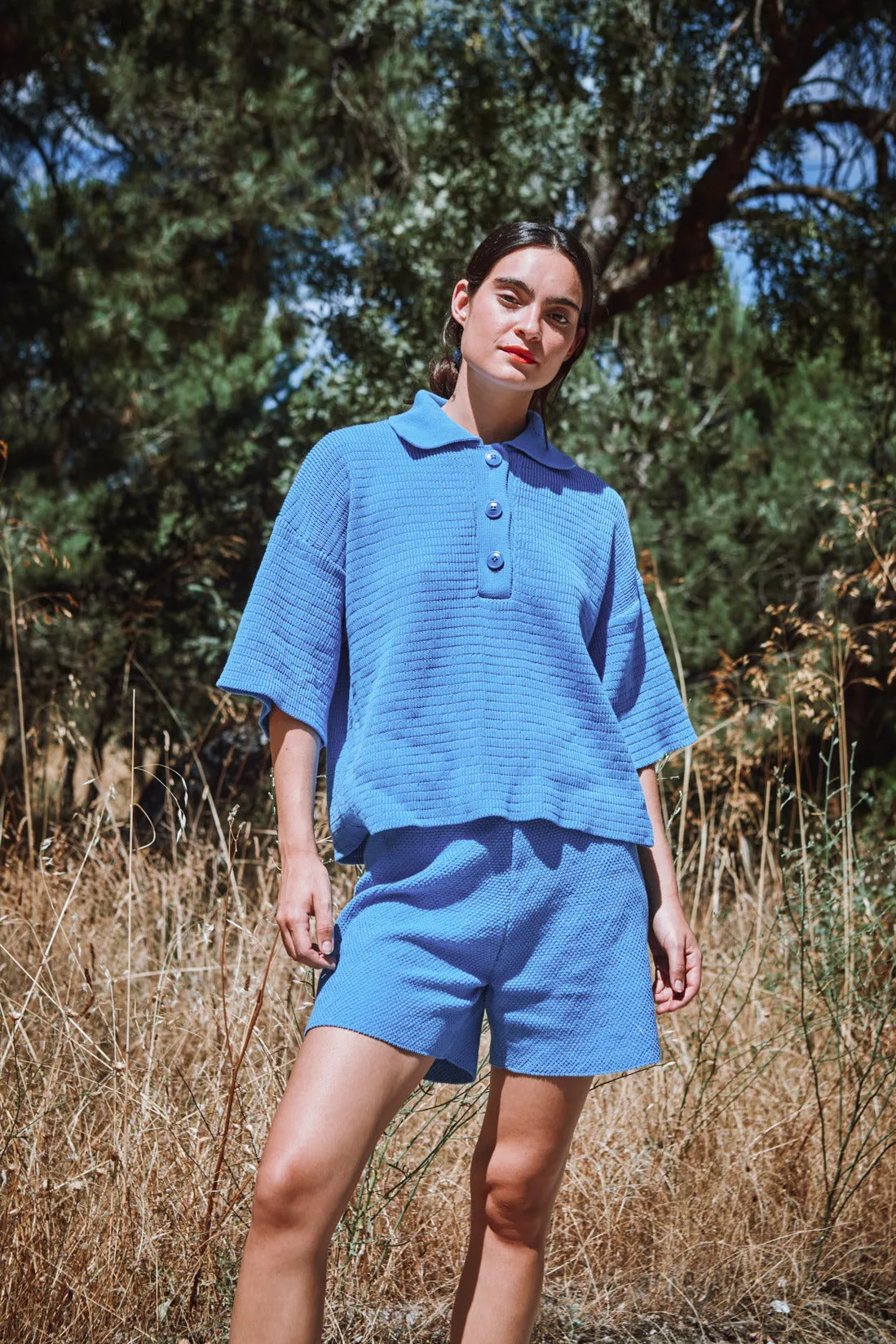 LILI Oversize Polo Shirt in Organic Cotton - Cyan Blue (In Stock) sold by L’ENVERS