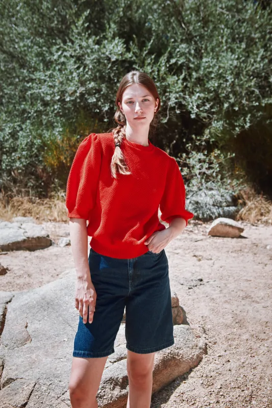 ELISABETH Puff-Sleeve Tee in Organic Cotton - Red (In Stock) made by L’ENVERS