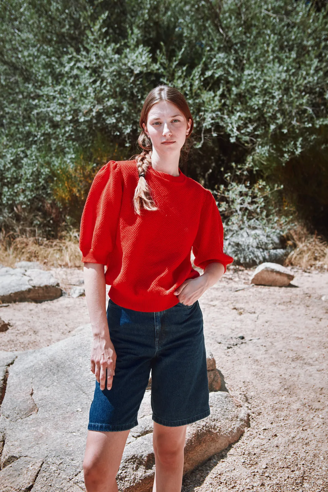 ELISABETH Puff-Sleeve Tee in Organic Cotton - Red (In Stock) sold by L’ENVERS