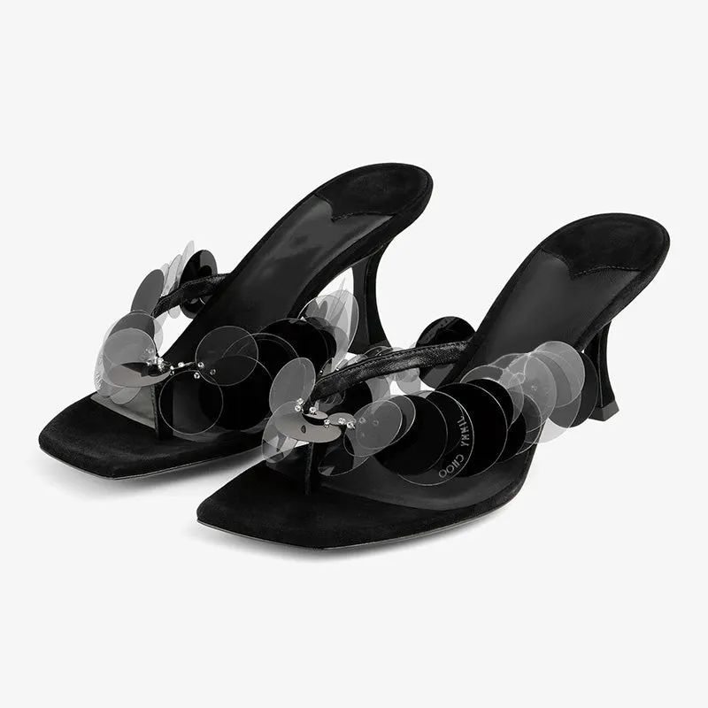 Black Sequin-Embellished Suede Mule Sandals sold by ArnoConti