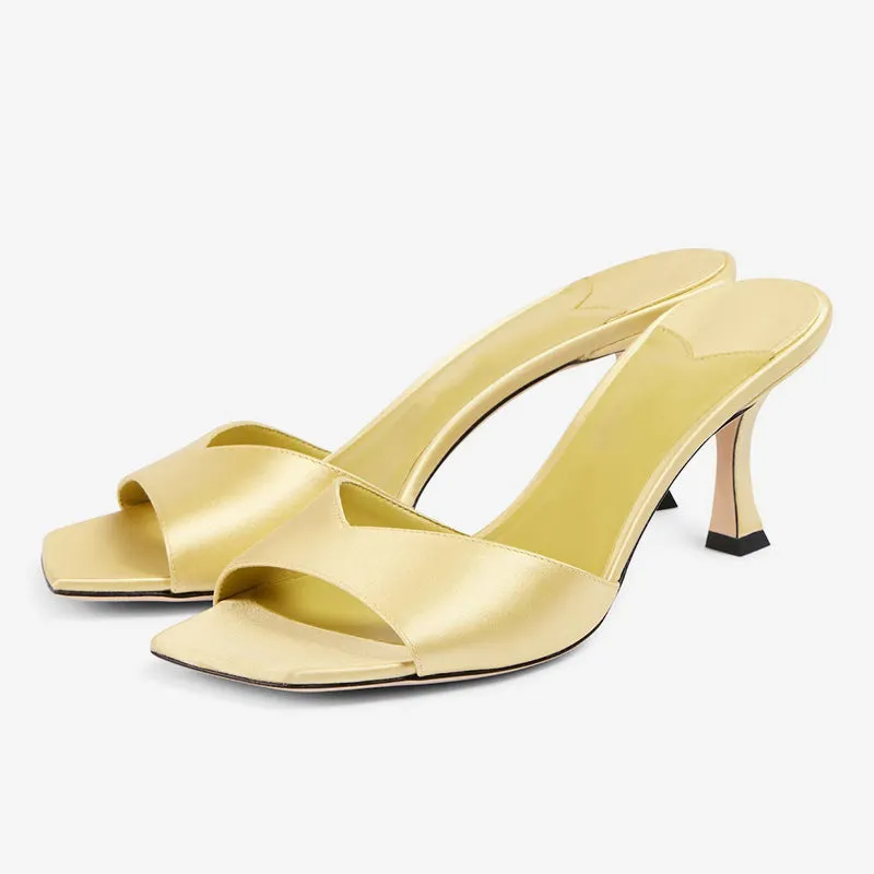 Yellow Satin Curved-Heel Mules sold by ArnoConti