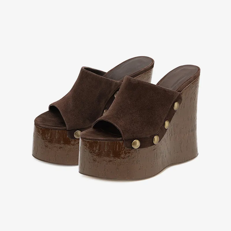 Suede Peep Toe Wedges with Stud Detail sold by ArnoConti